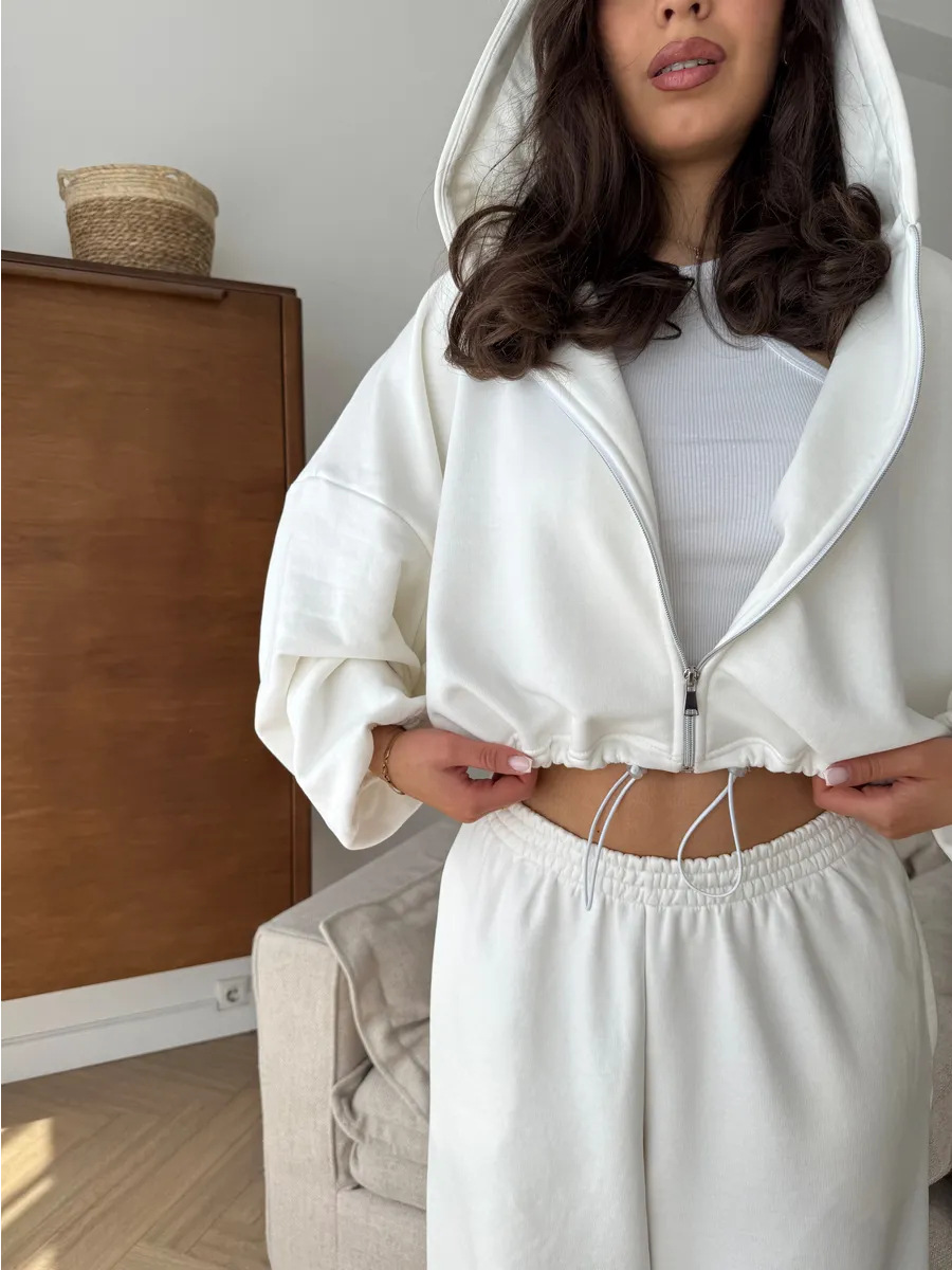 Women's Solid Color Zip-Up Hoodie and Drawstring Jogger Two-Piece Set