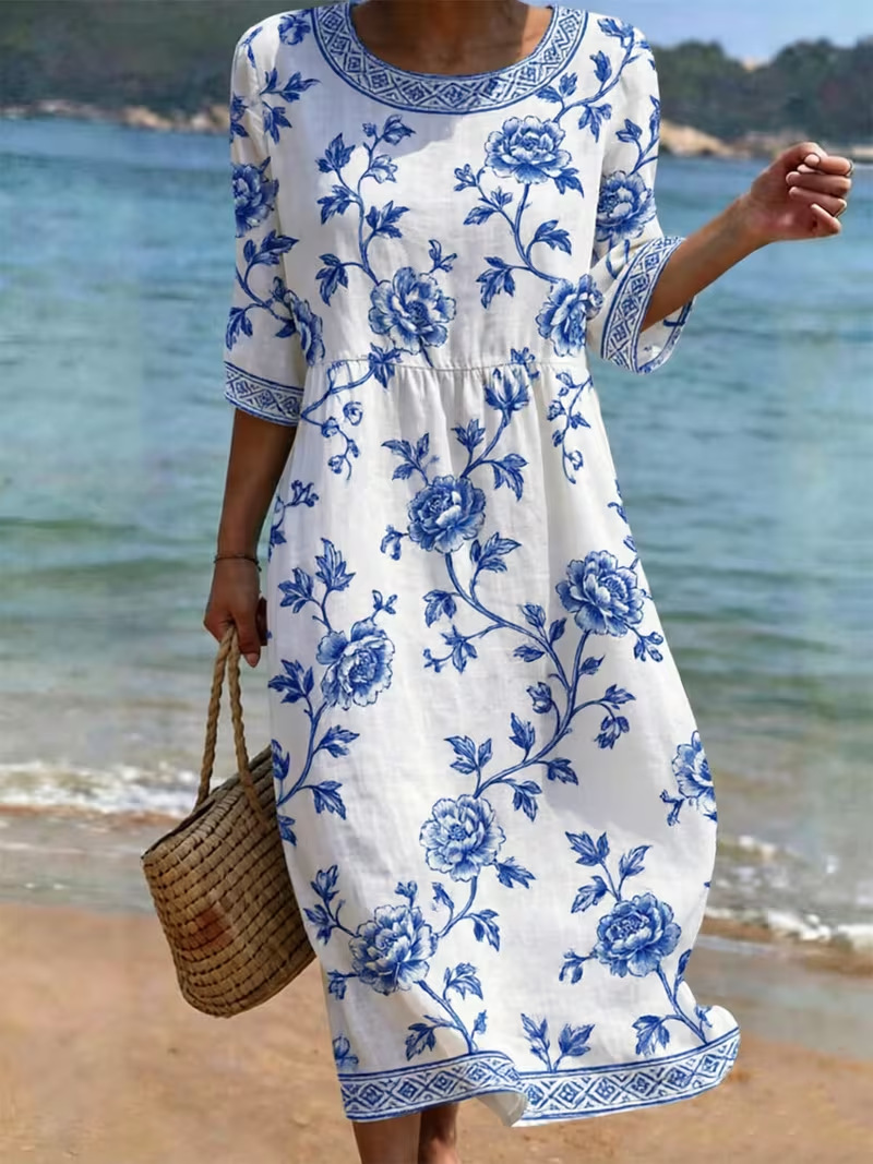Women's Floral Print Midi Dress Crew Neck Half Sleeve Slim Fit Casual