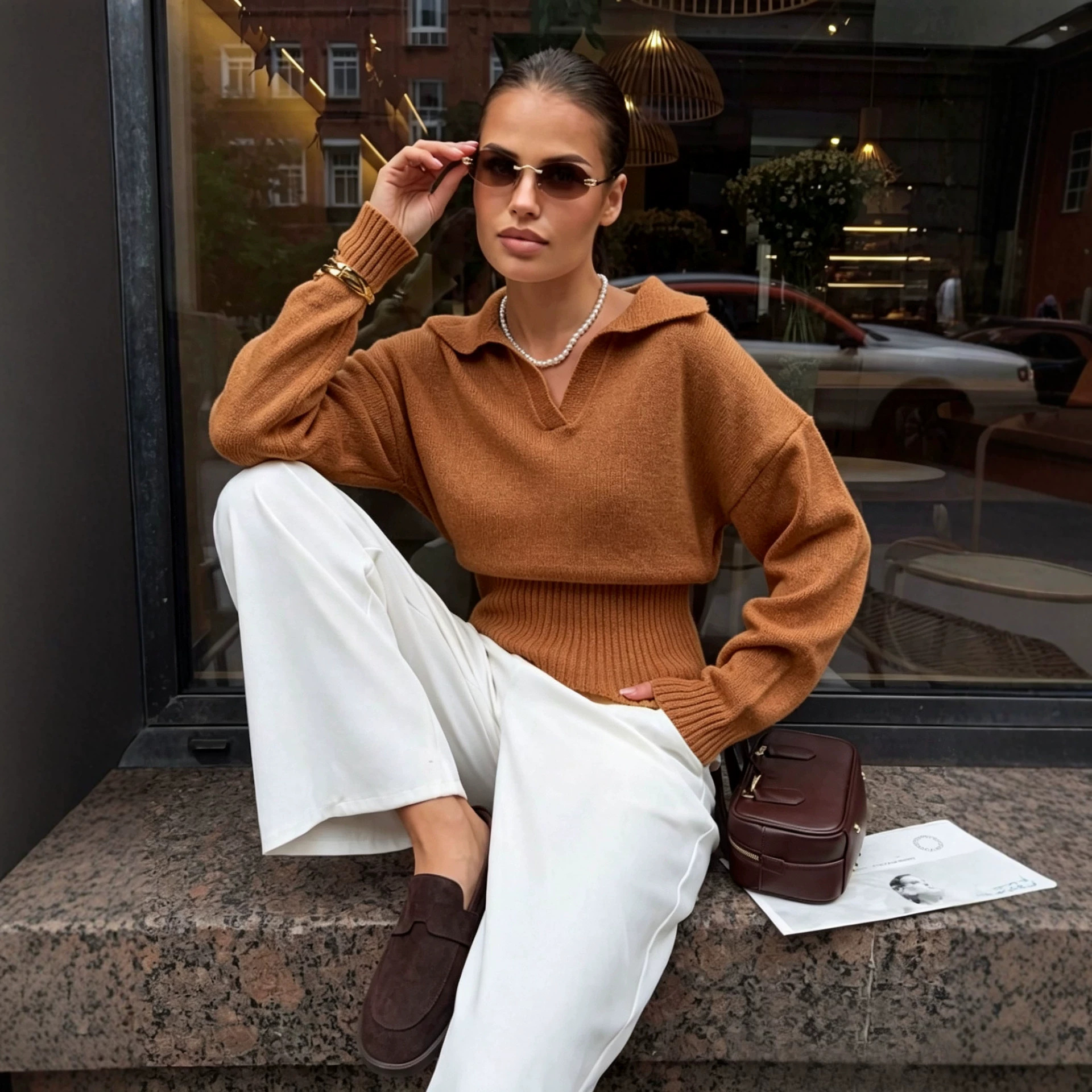 Women's V-Neck Fitted Waist Loose Long Sleeve Pullover Top