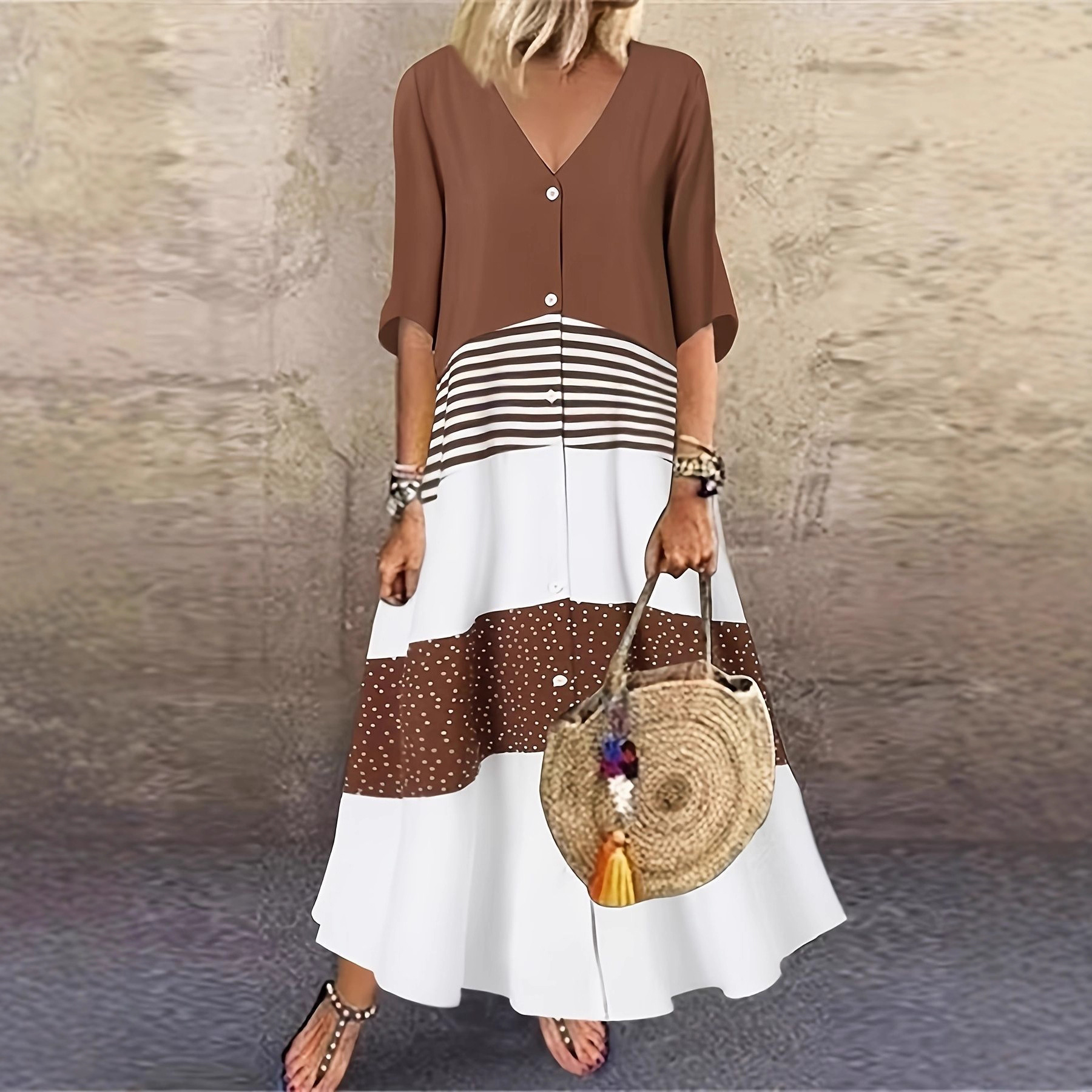 V-Neck Printed Long Dress with Button Front and Paneled Design