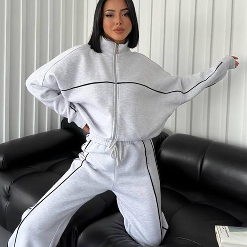 Women's Casual Two-Piece Set: Half-Turtleneck Zip Cardigan Sweatshirt & Striped Drawstring Pants