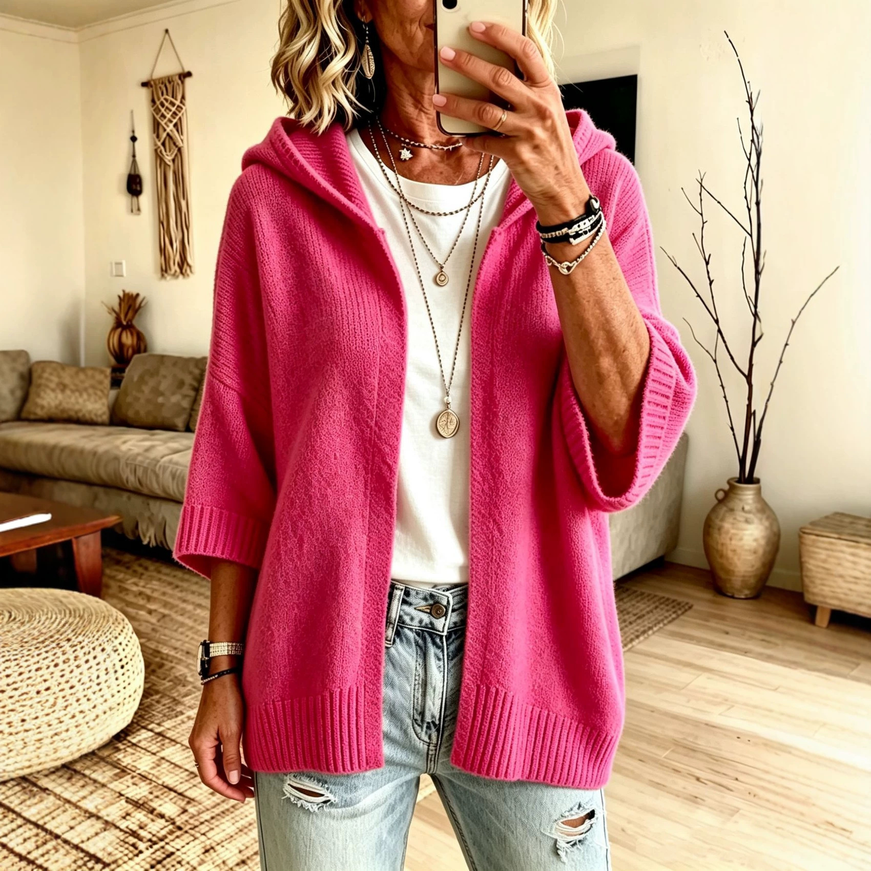 Women's 3/4 Sleeve Hooded Open-Front Knit Cardigan Solid Color Plus Size