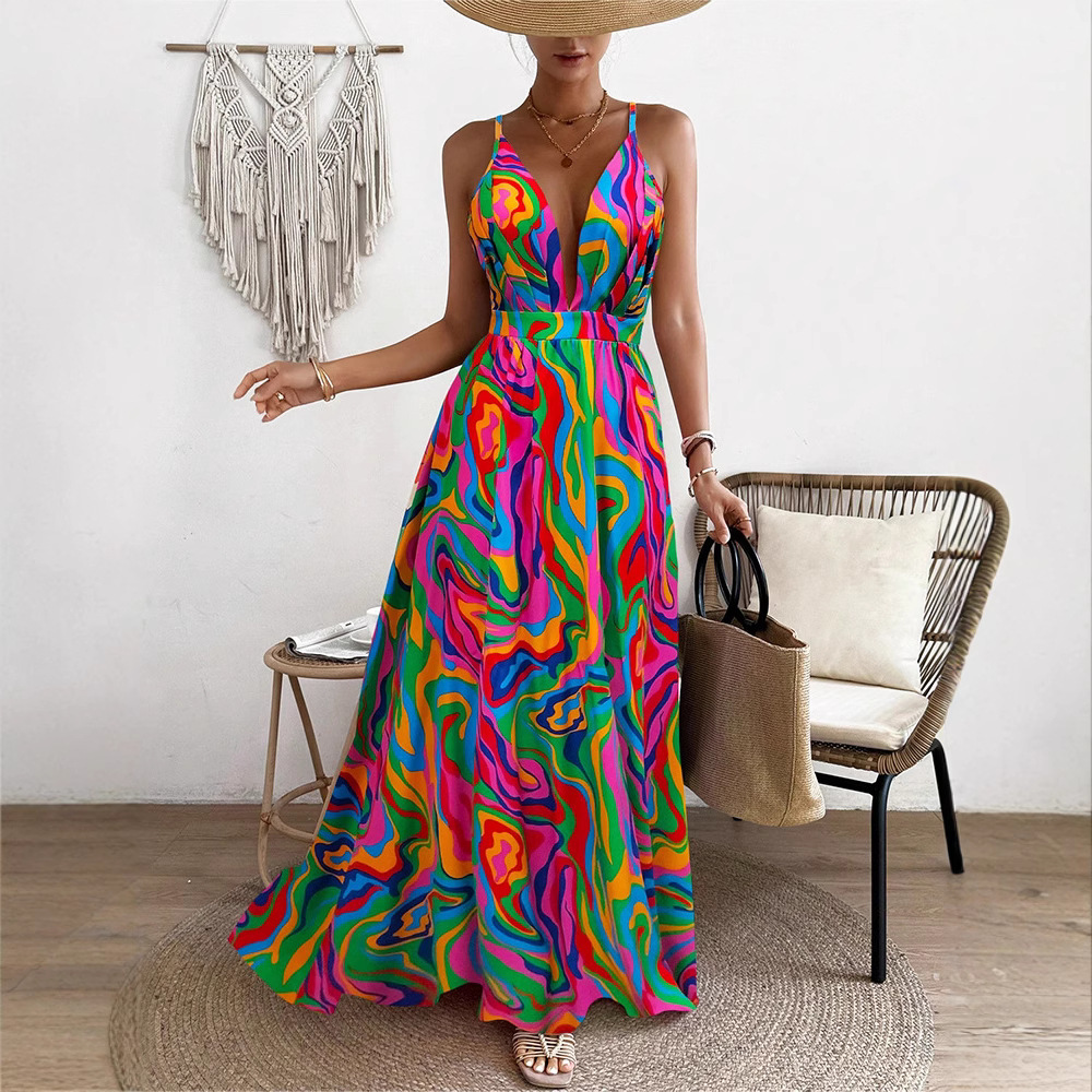 Tie-Dye Rainbow Print Halter Maxi Dress Backless
