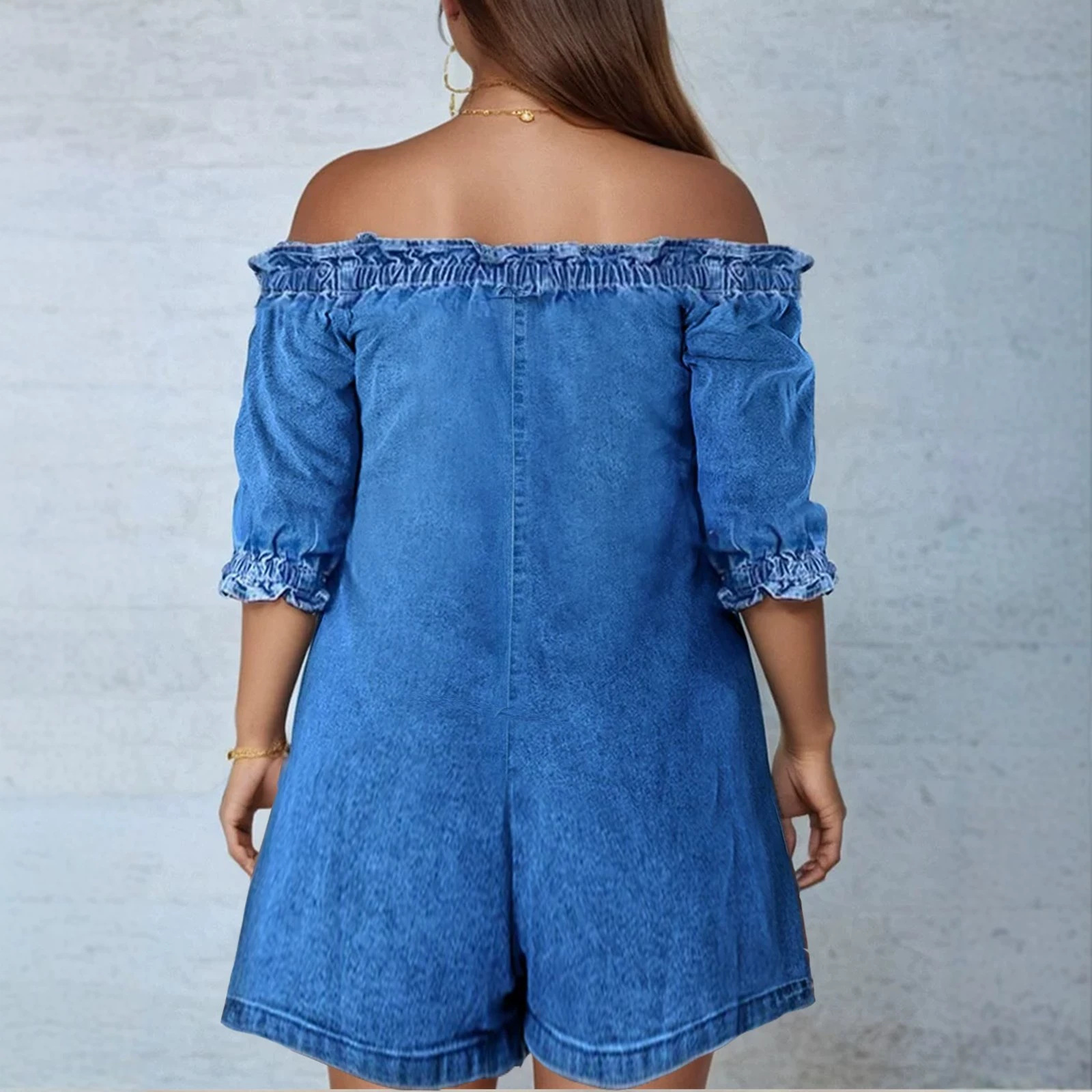 Slim-Fit Elegant Solid Lace-Trim Denim Romper Dress
