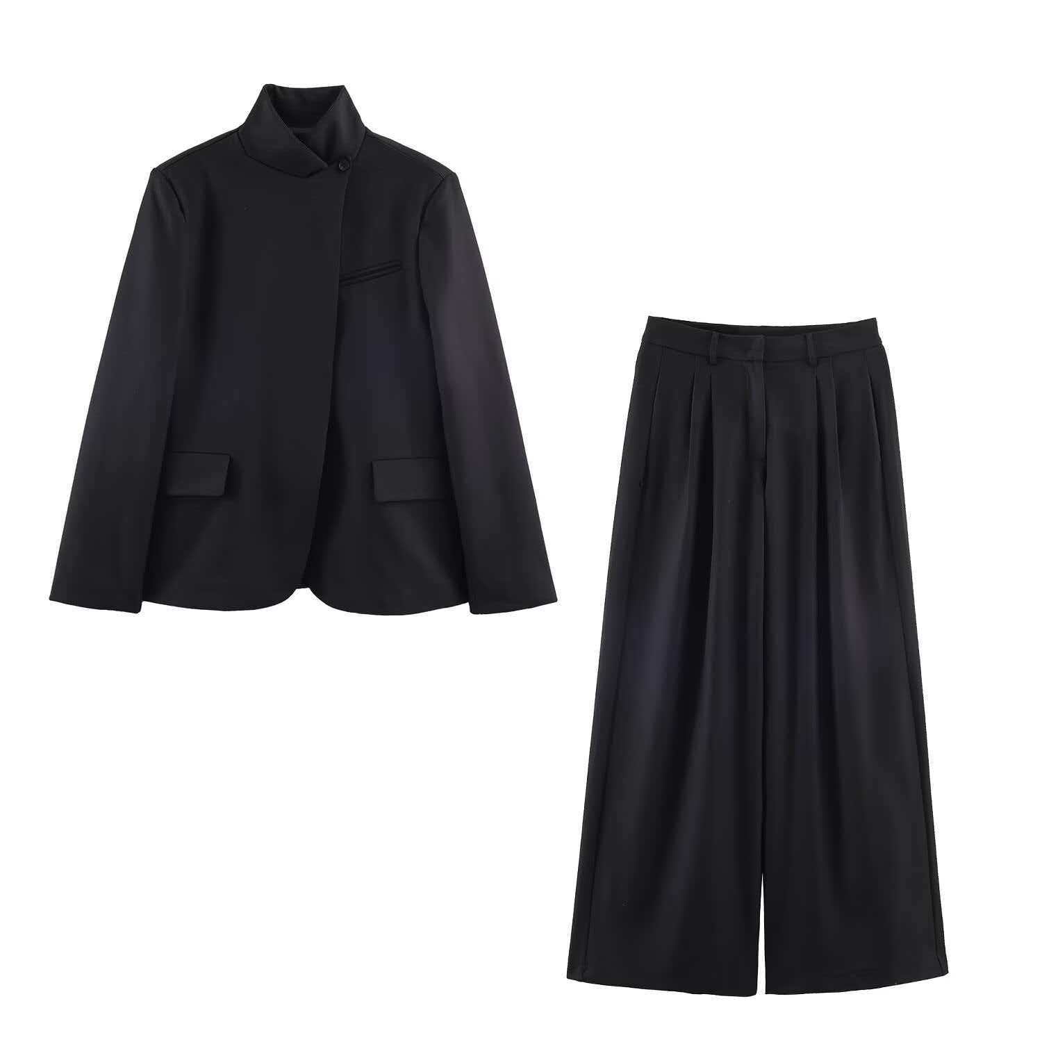 Women's Black Stand-Collar Blazer and Wide-Leg Pants Set