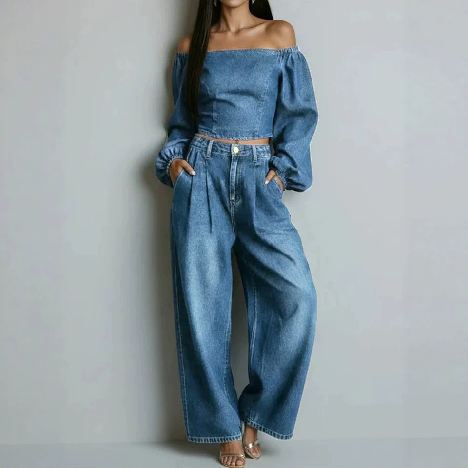 Faux Denim Two-Piece Set Long Sleeve Top & Pants Casual Loose Fit