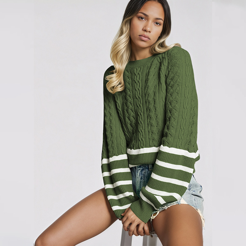 Women's Cable Knit Striped Crewneck Sweater Loose Fit Long Sleeve