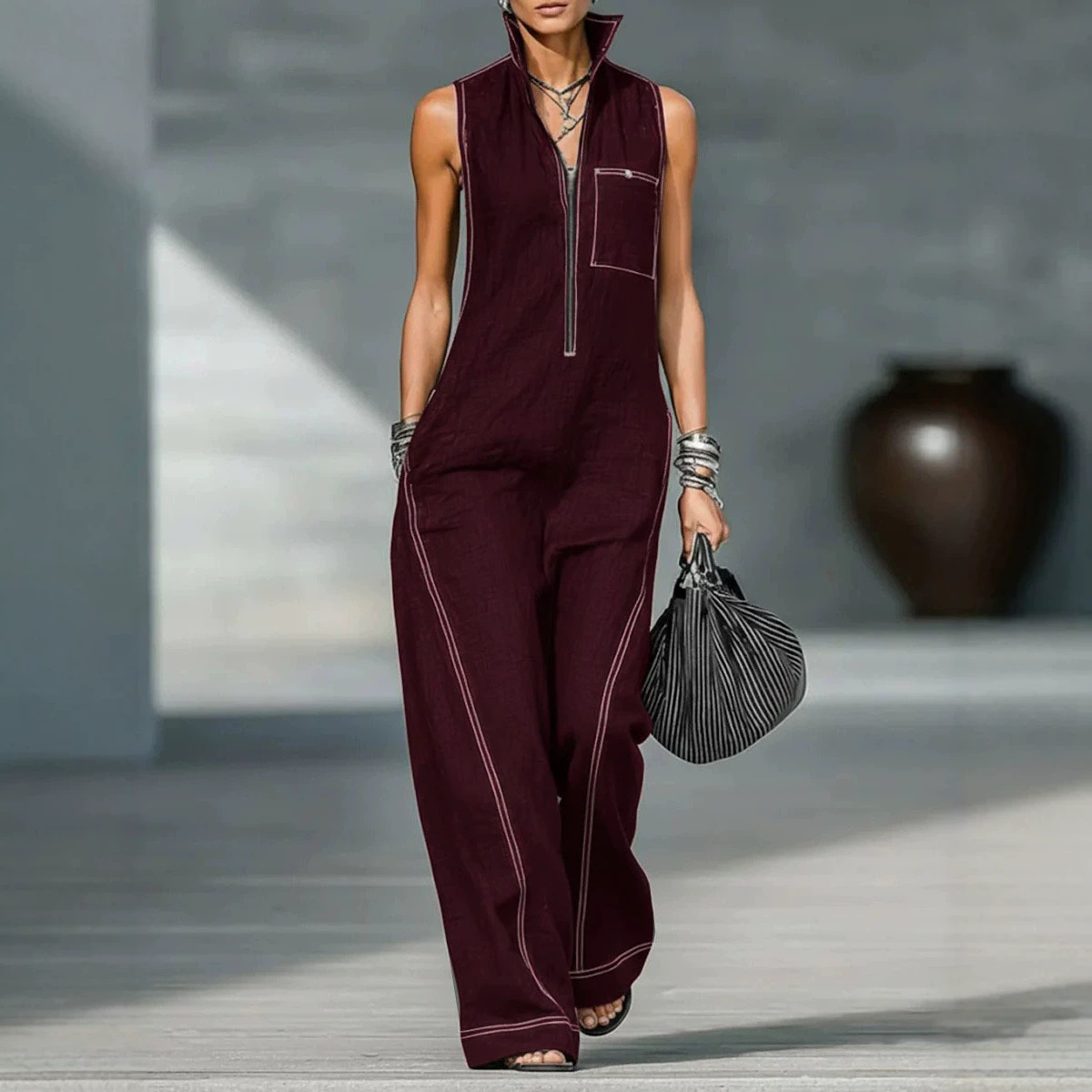 Women's Sleeveless Stand Collar Wide-Leg Jumpsuit