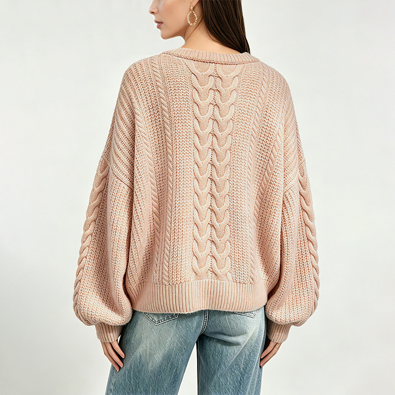 Women's Cable-Knit Crewneck Pullover Sweater Solid Color Loose Fit Long Sleeve