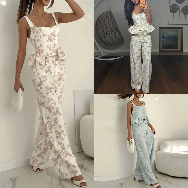 Women's Summer Printed Ruffle Two-Piece Pant Set