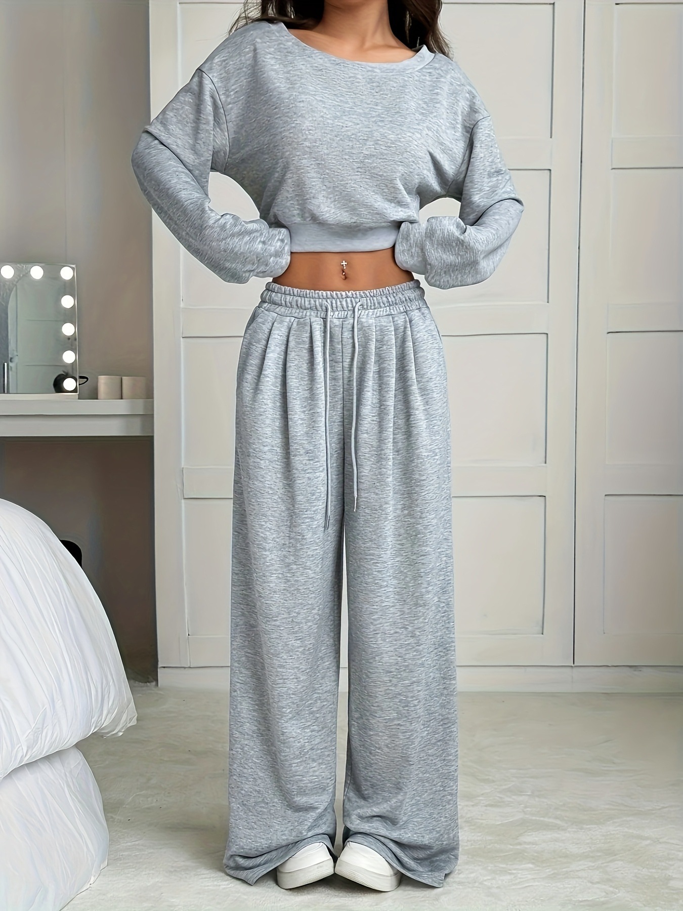 Women's High-Waist Wide-Leg Sweatpants Solid Color Drapey Lounge Pants