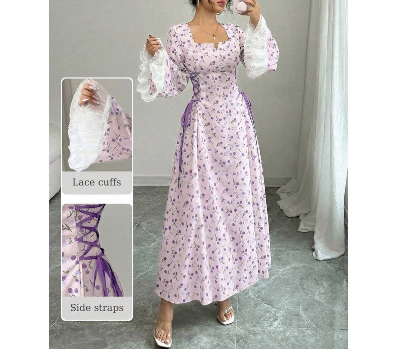 Floral Print Long Sleeve Tie-Waist Midi Dress