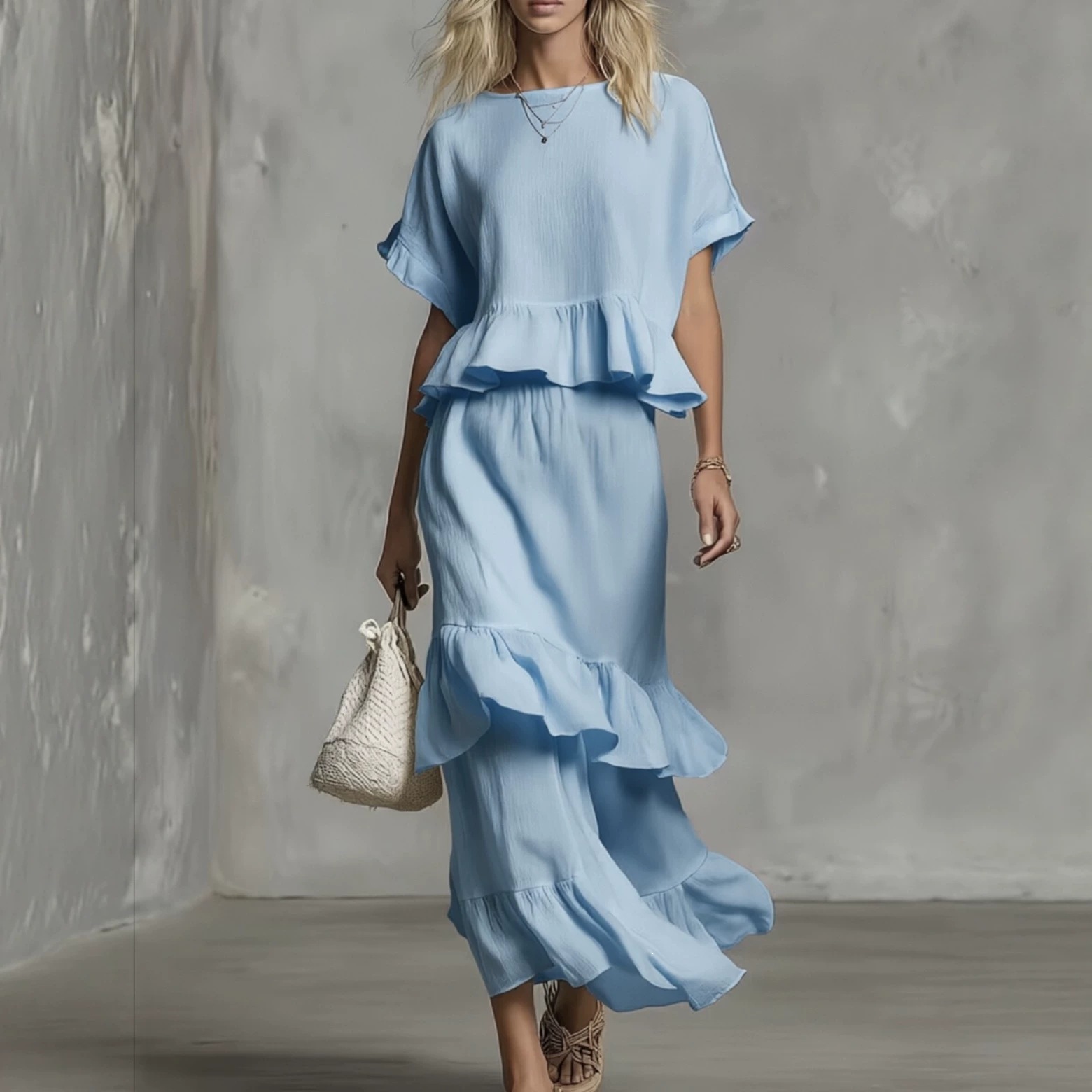 2026 Summer Cross-Border European & American Women's Wear Hot-Selling Ruffle Two-Piece Set Independent Site High-Waist Ruffle Long Skirt