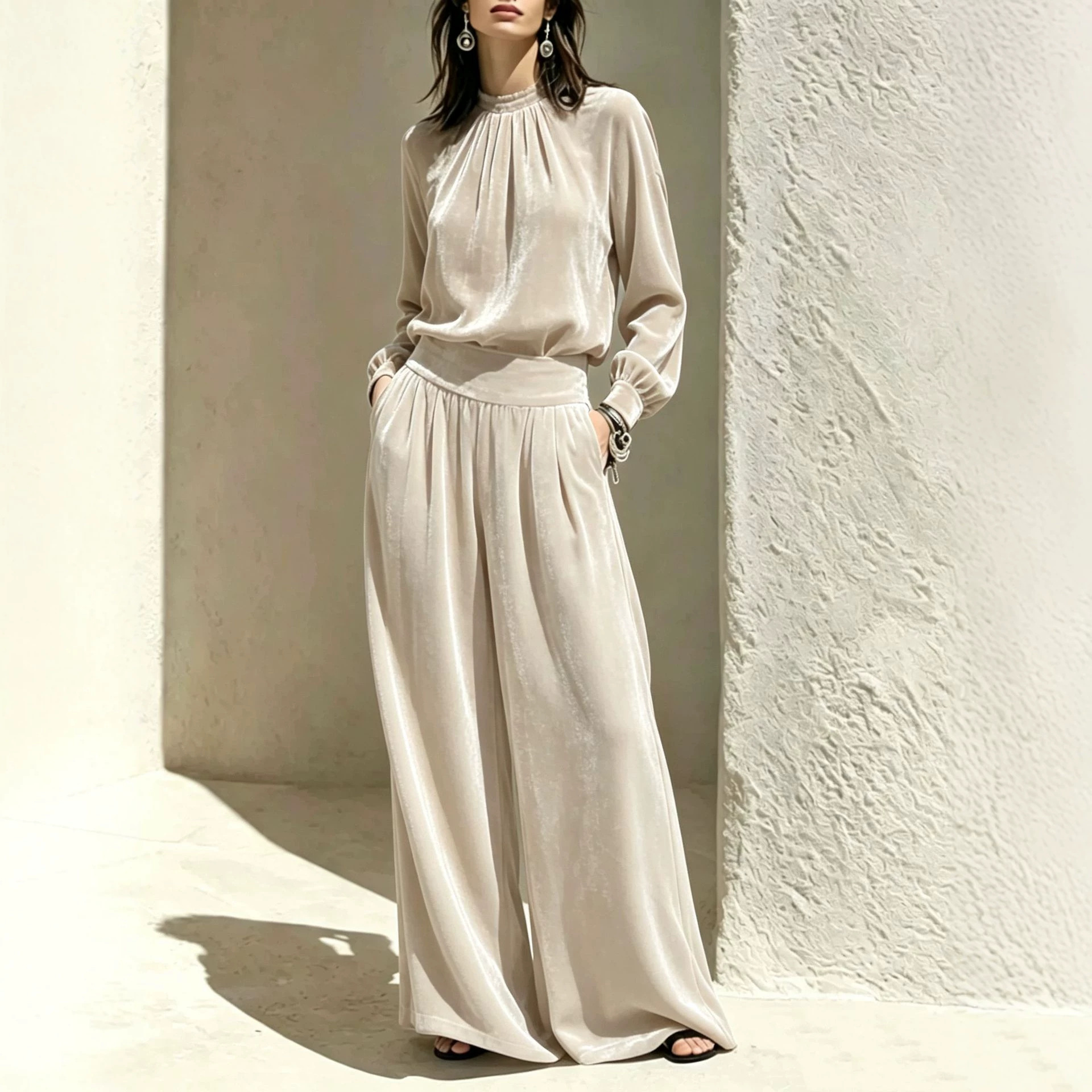 Women's Velvet Ruched Top & Wide-Leg Pants Two-Piece Set