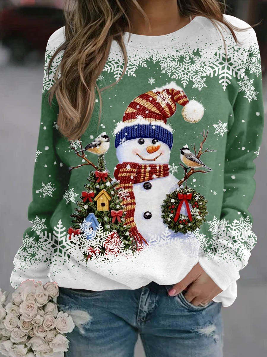 Women's Christmas Snowman Snowflake Print Crewneck Sweatshirt