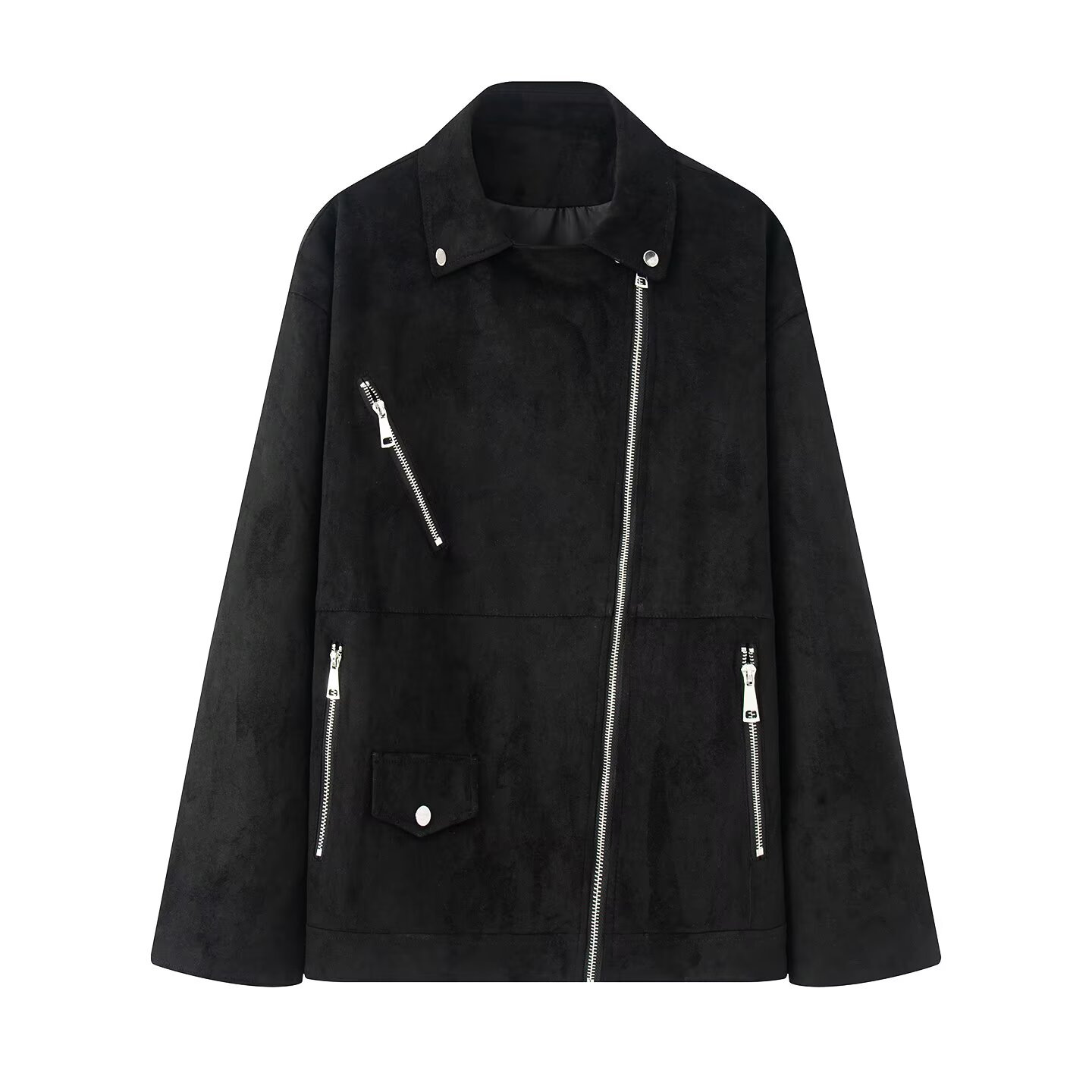 Suede-Feel Moto Jacket with Lapel Collar