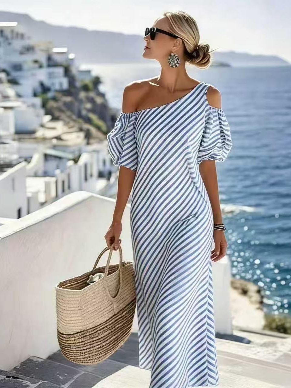 Women's Elegant Striped Off-Shoulder Long Dress for Beach Vacation