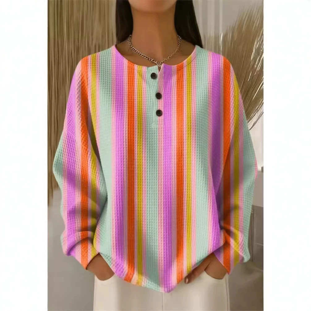 Women's Retro 3D Print Three-Button Stand Collar Polo Sweatshirt