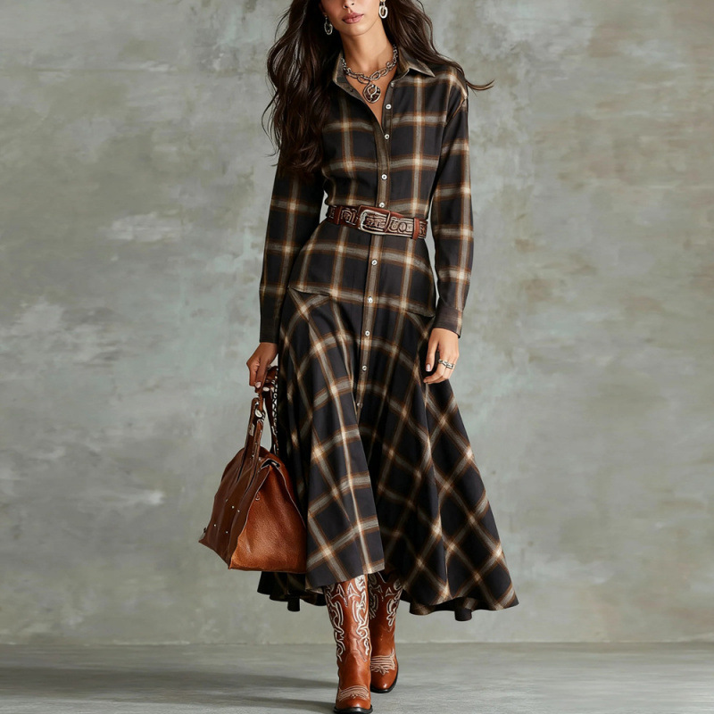 Women's Retro Plaid Long Sleeve Shirt Dress