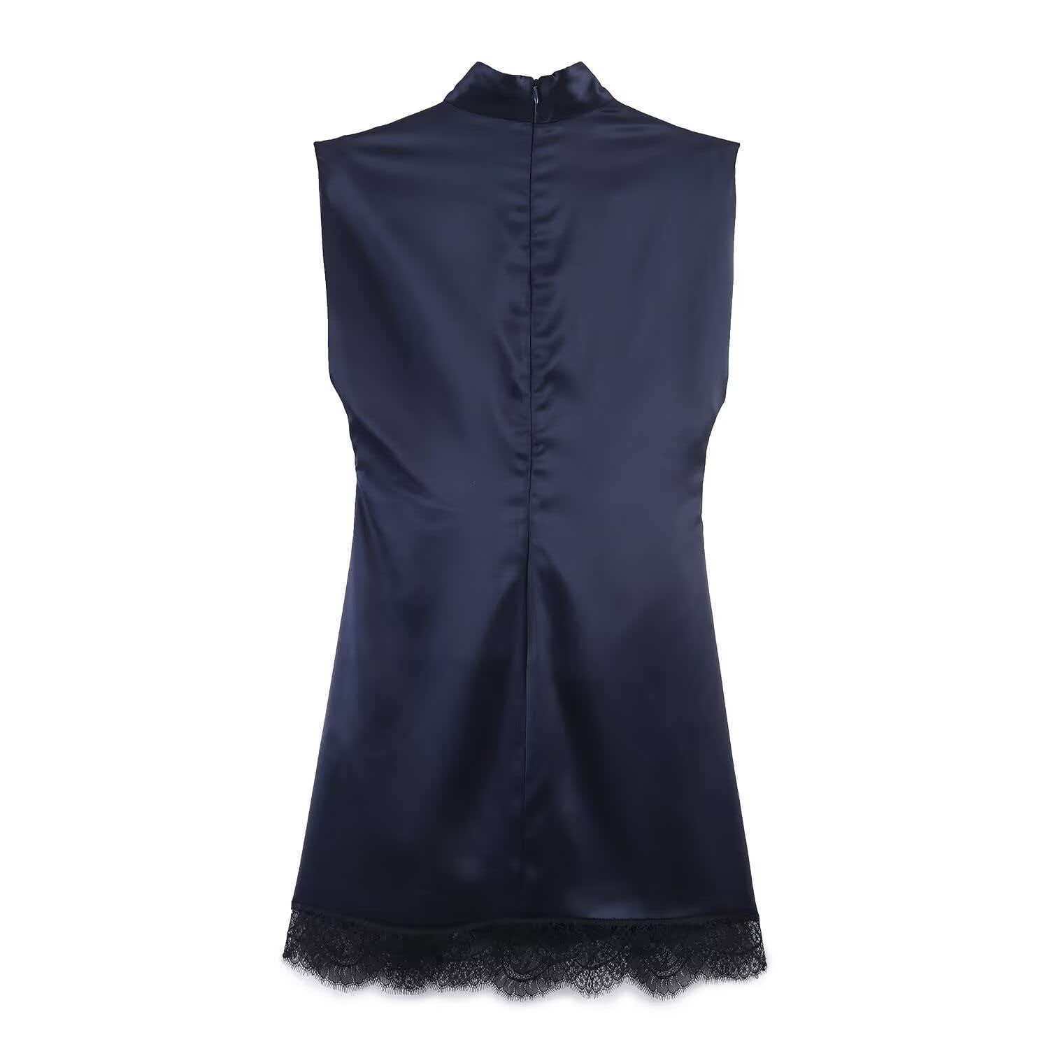 Women's Lace Panel Mini Dress High Neck Sleeveless Bodycon