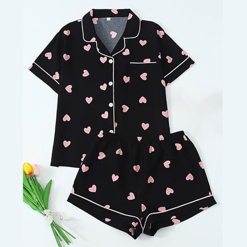 Women's Cuban Collar Polka Dot Heart Print Short Sleeve Shirt Set