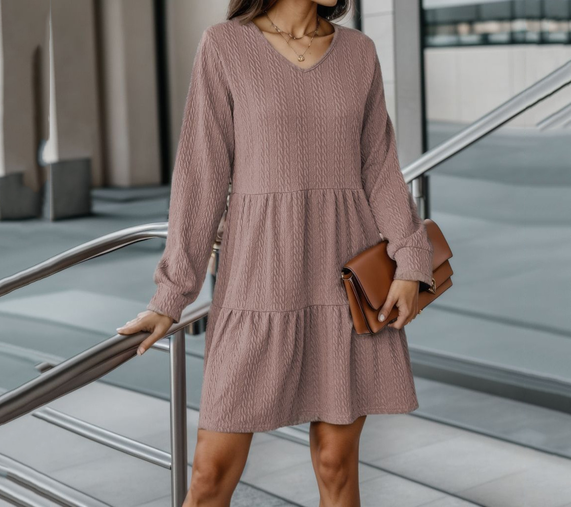 V-Neck Color-Block Long-Sleeve Loose Midi Dress
