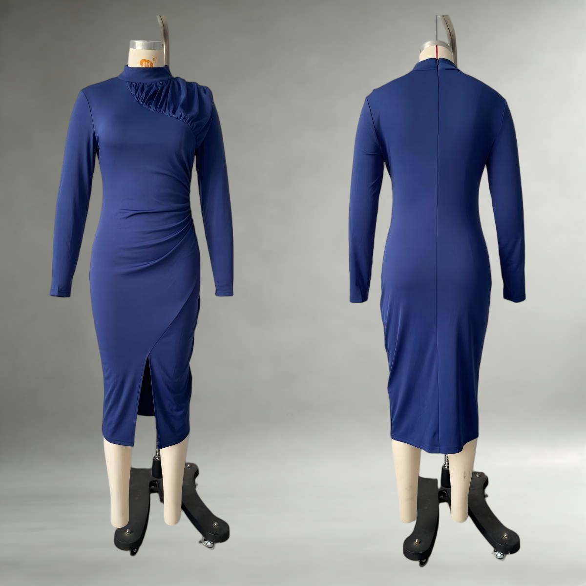 High Neck Ruched Long Sleeve Bodycon Midi Dress with Slit