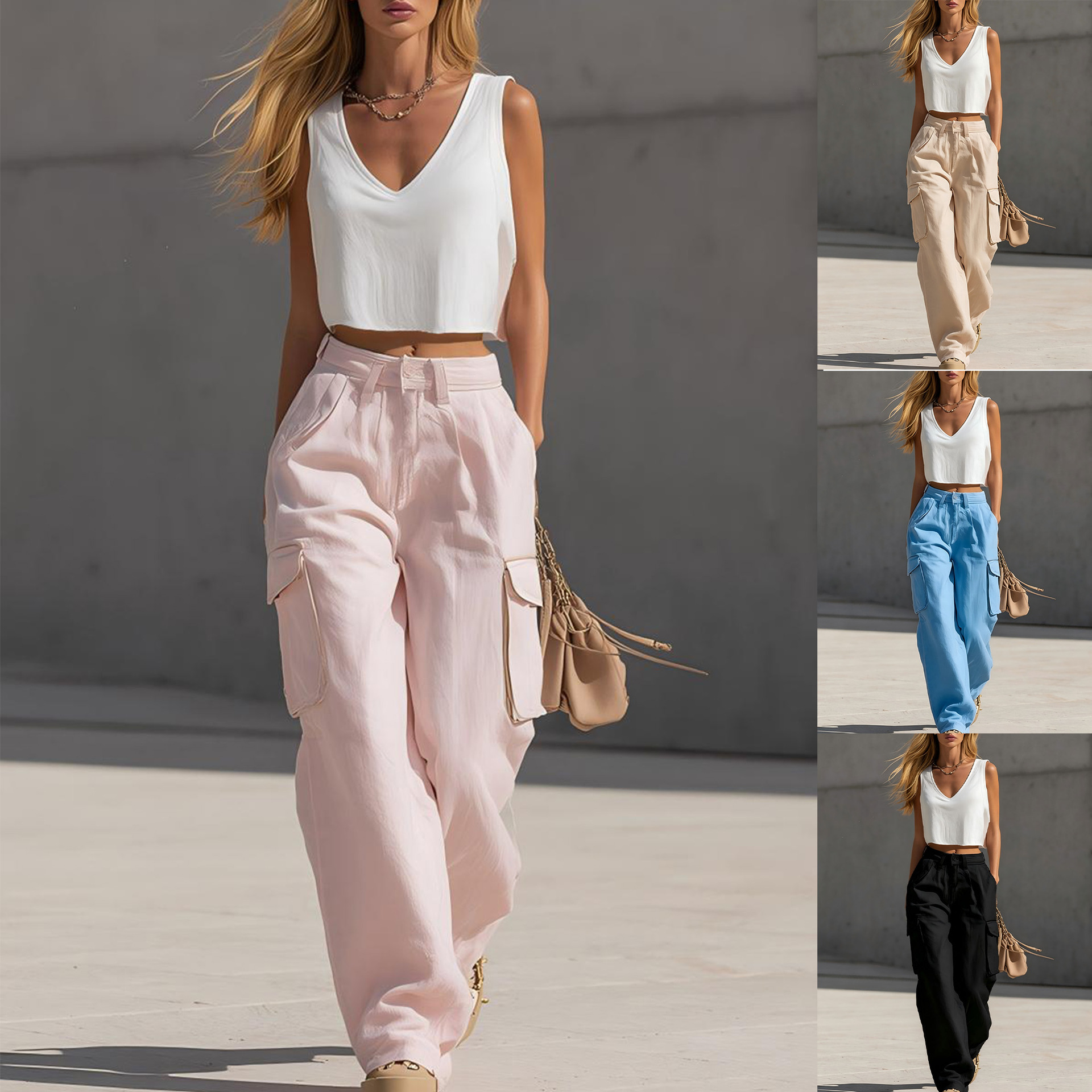 Women's Sleeveless Tank Top and High-Waist Straight-Leg Cargo Pants Set