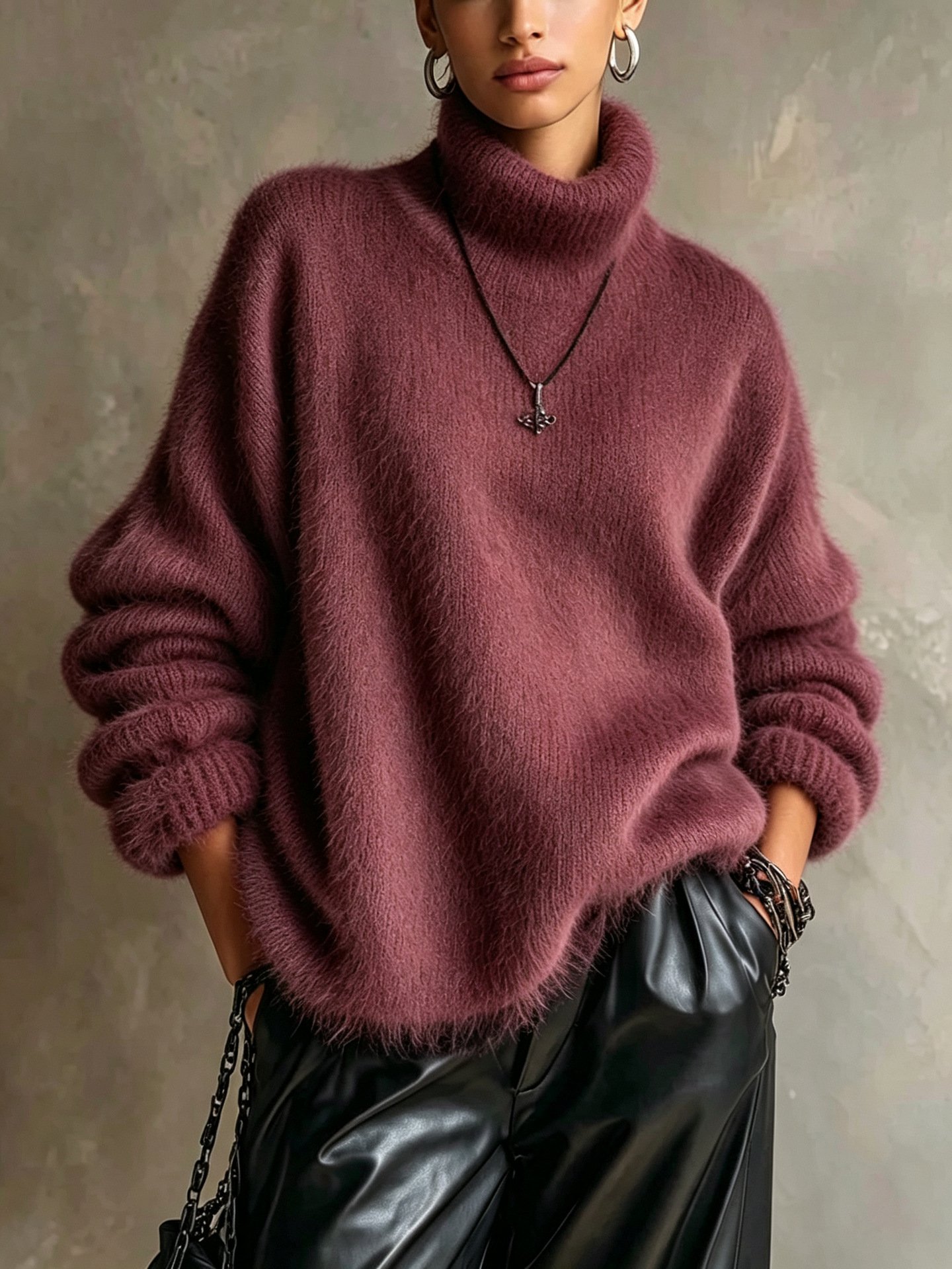 Women's Oversized Fuzzy High-Neck Knit Sweater
