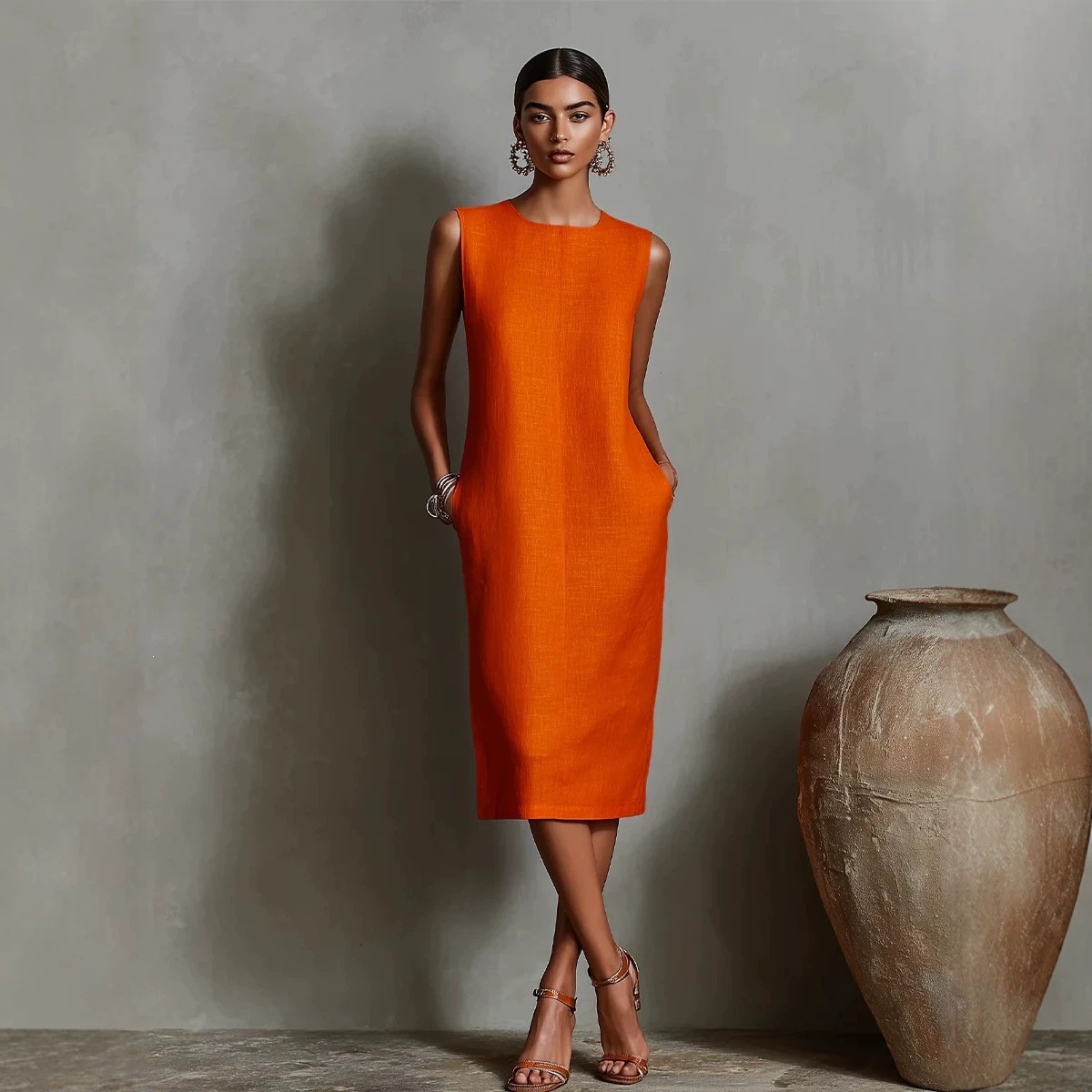 Sleeveless Round Neck Side Pocket A-Line Midi Dress