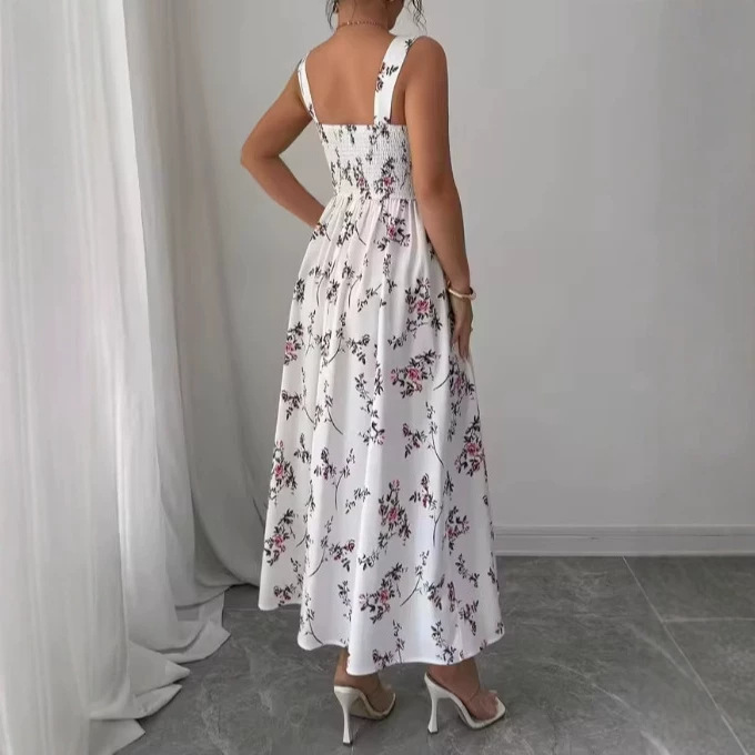 Floral Square-Neck Sleeveless A-Line Midi Dress
