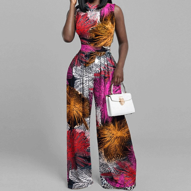 Women's Sleeveless Printed Jumpsuit Slim Fit Wide-Leg Pants