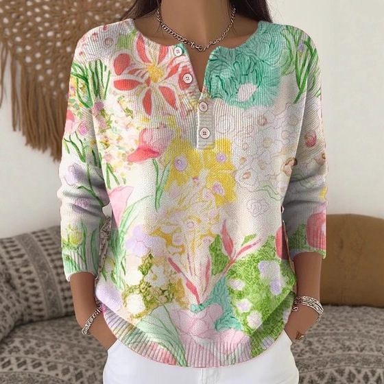 Women's Christmas Floral Print Buttoned Sweatshirt