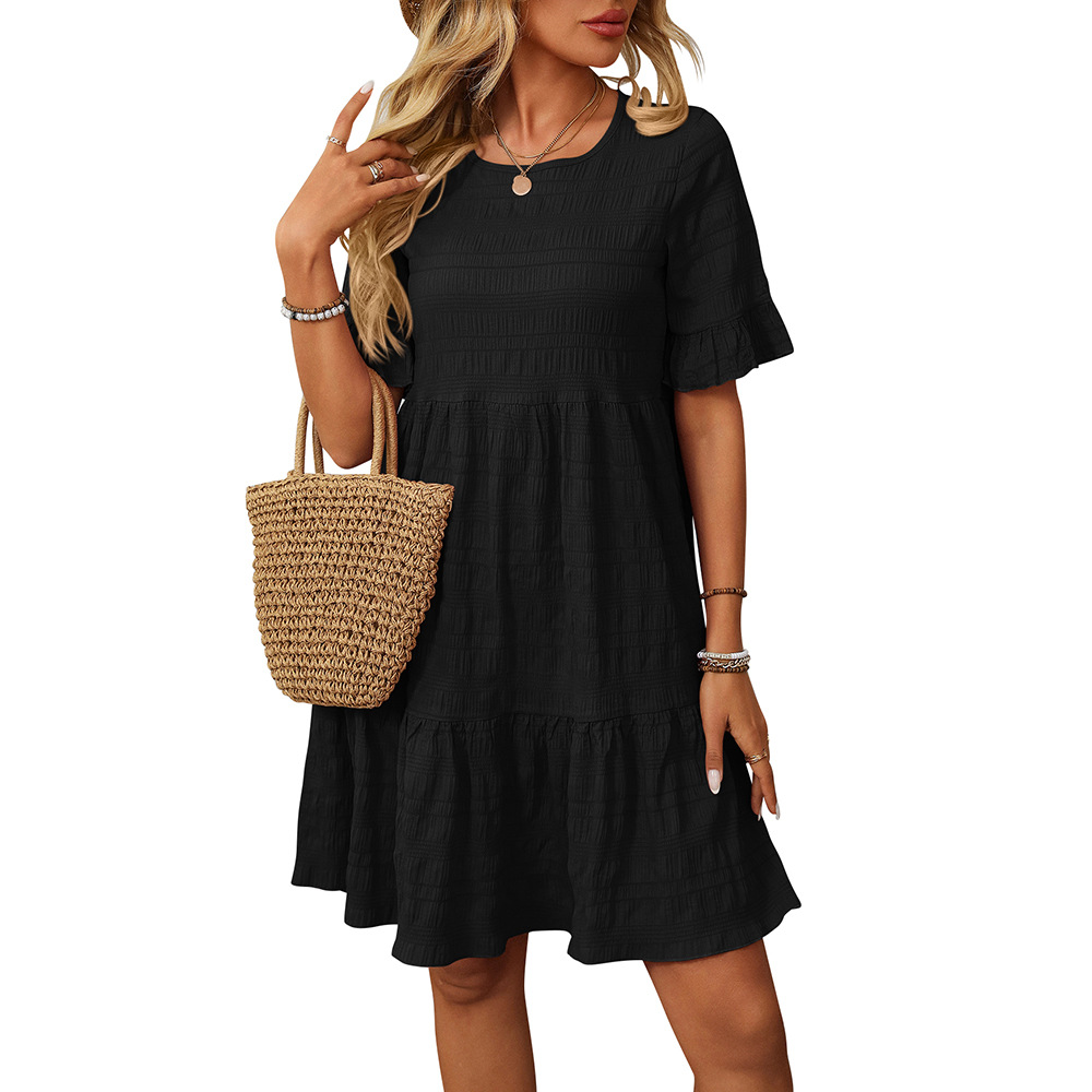 Women's Plaid A-Line Dress with Ruffle Sleeves and Round Neck