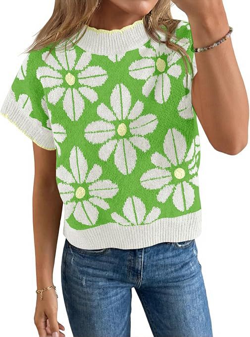 Women's Floral Knit Short Sleeve Sweater Vintage Crew Neck Loose Summer Pullover