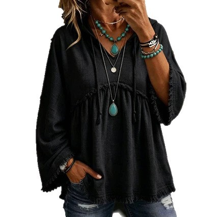 Annuo Self-Developed 2026 Europe & America Cross-Border Autumn/Winter New Women's Clothing Fall Loose Drawstring 3/4 Sleeve Casual Top for Women