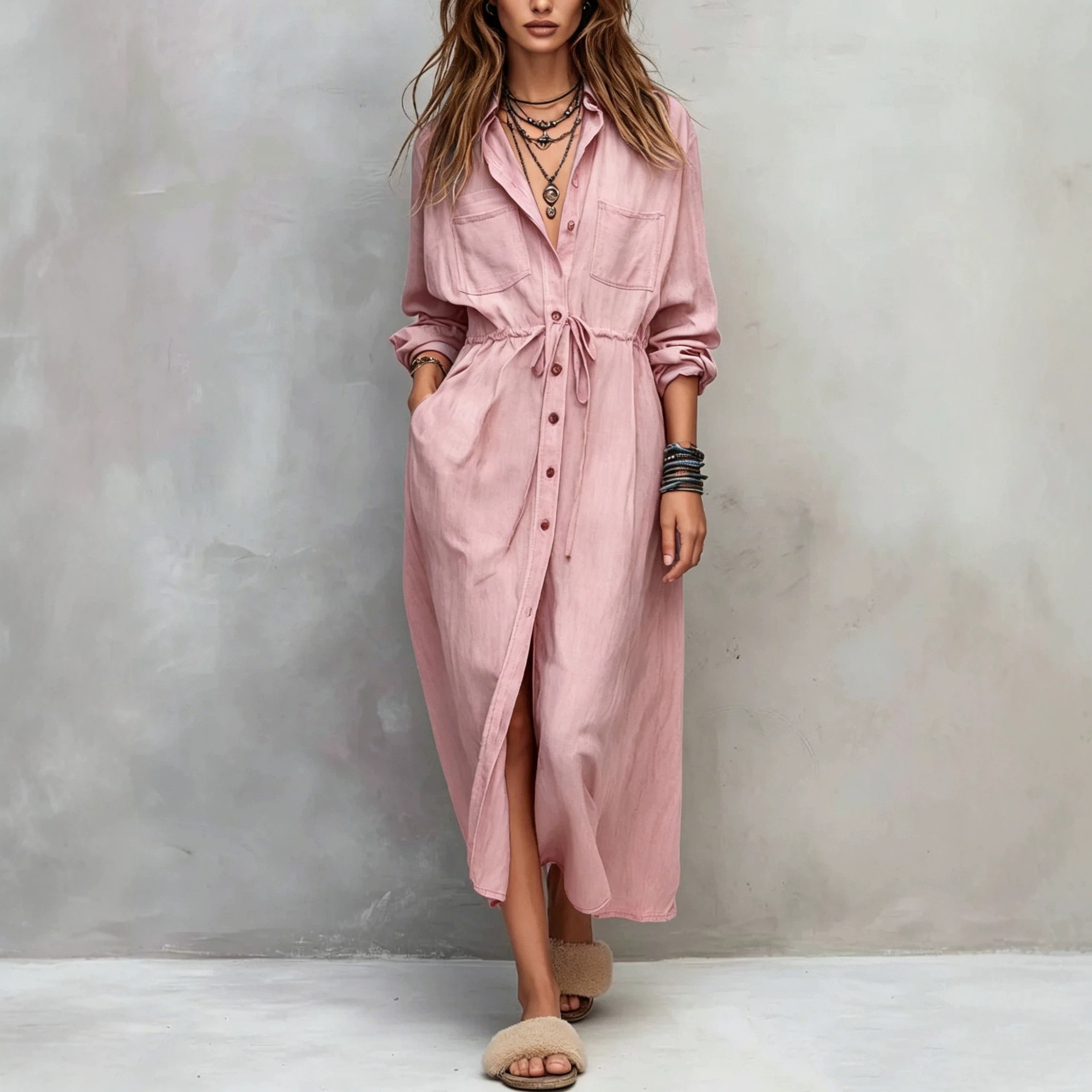 Drawstring Waist Shirt Dress Loose Fit Long Sleeve