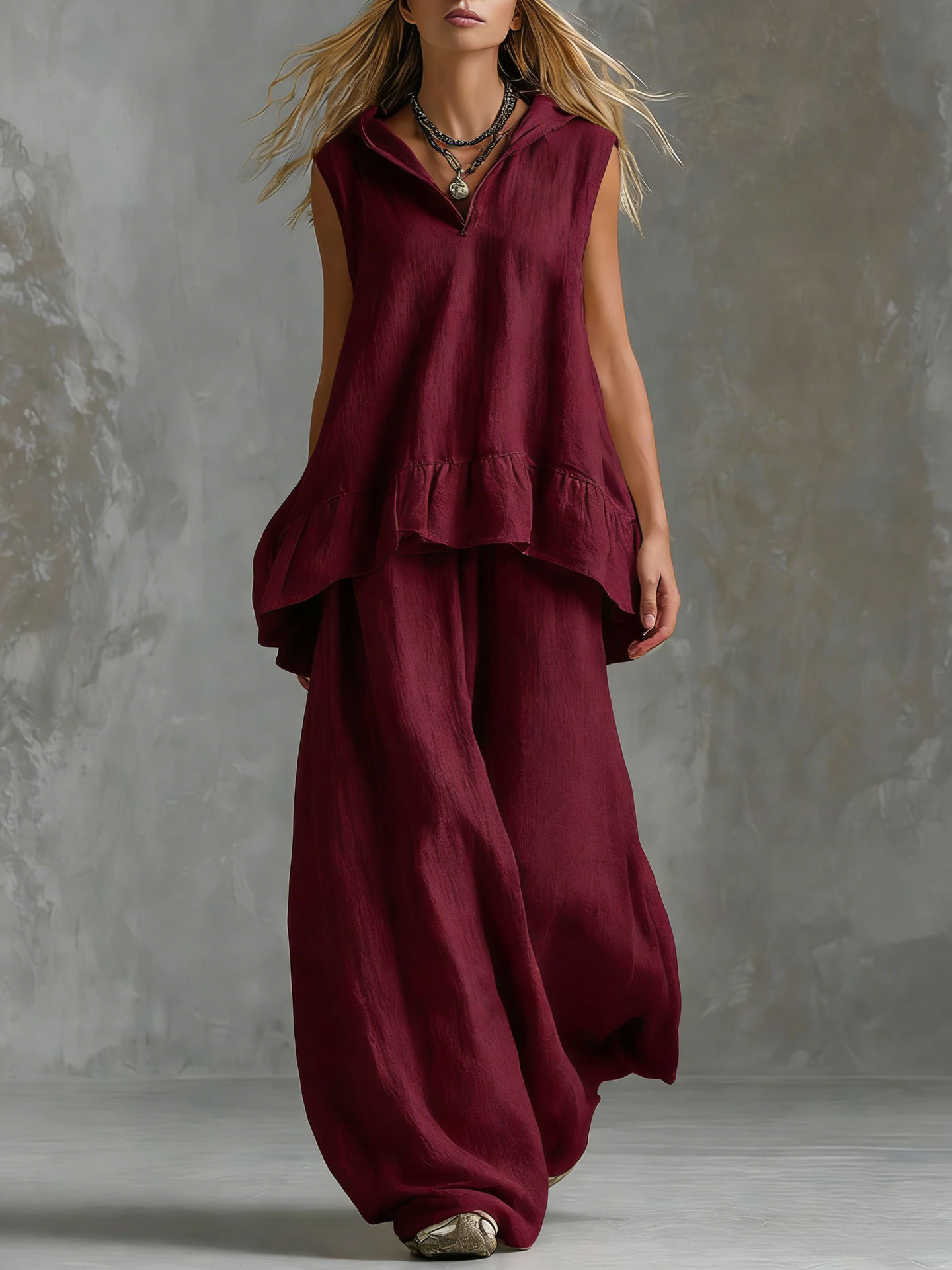 Women's Solid V-Neck Sleeveless Top and Wide-Leg Pants Casual Two-Piece Set
