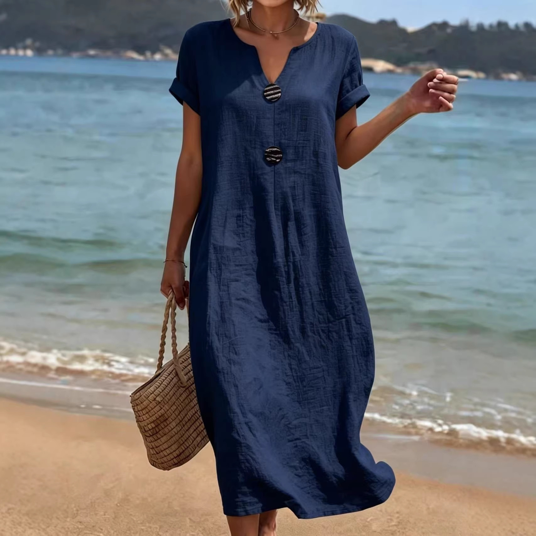 White Cotton-Linen Casual Dress for Women