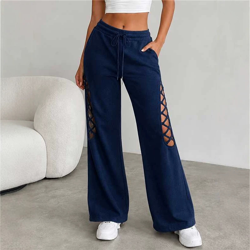 Women's Elastic Waist Wide-Leg Pants with Cutout Splicing, Loose Casual Vacation Trousers