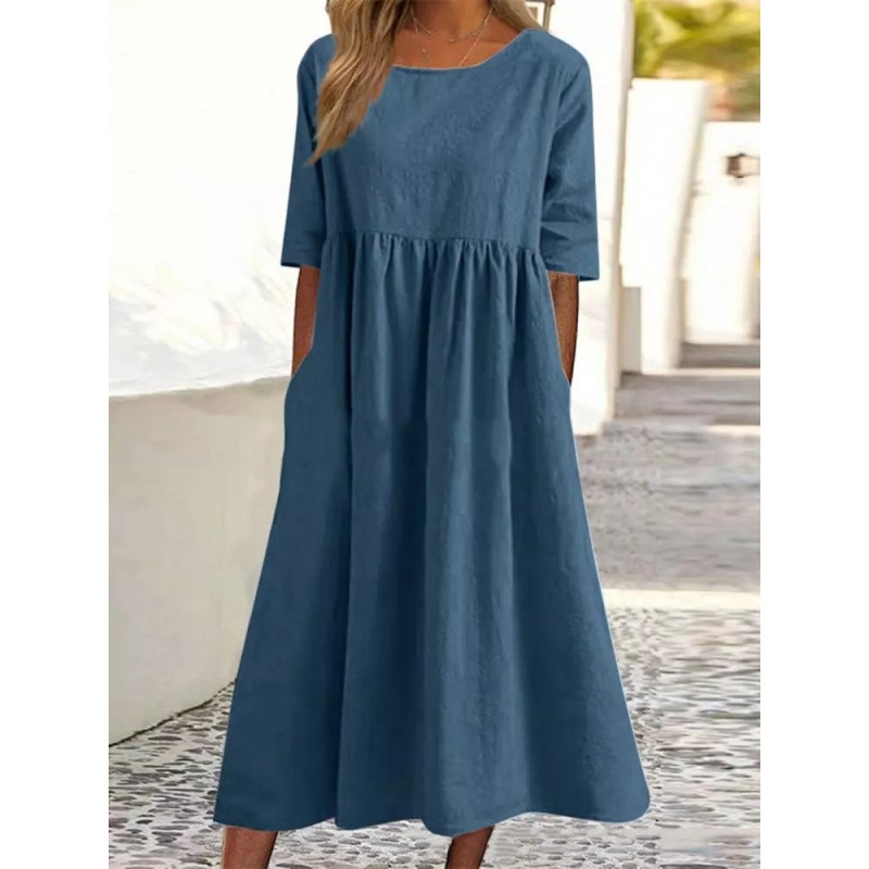 Women's Cotton Linen Round Neck Half Sleeve Loose Long Solid Dress