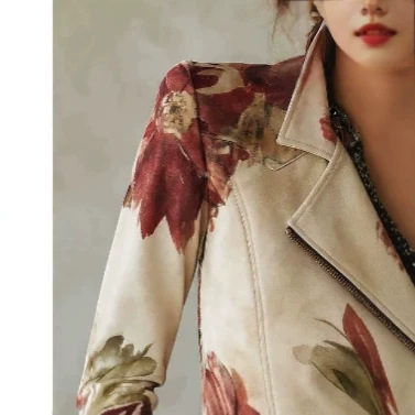 Bohemian Floral Print Asymmetric Hem Zip Moto Jacket