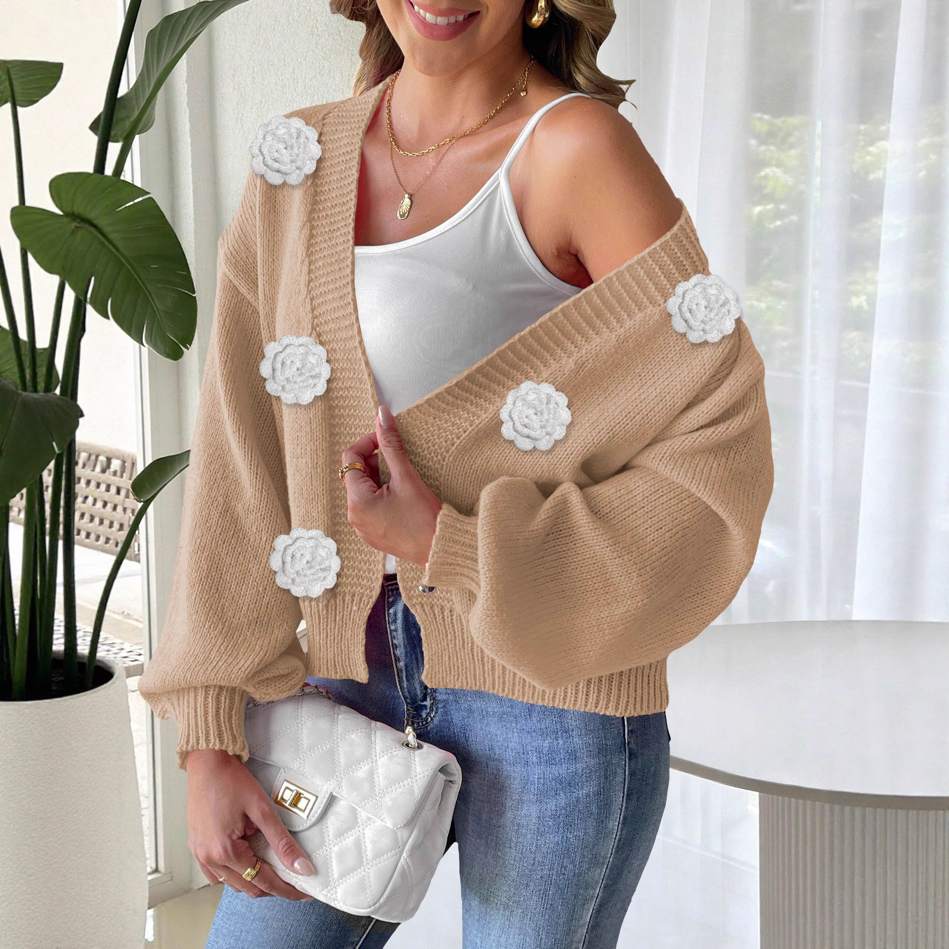 Women's Open-Front Cardigan with 3D Hand-Crocheted Floral Appliqué