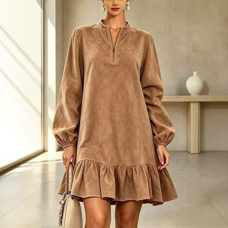 Faux Suede Dress with Lantern Sleeves and Ruffle Half-Zip Stand Collar