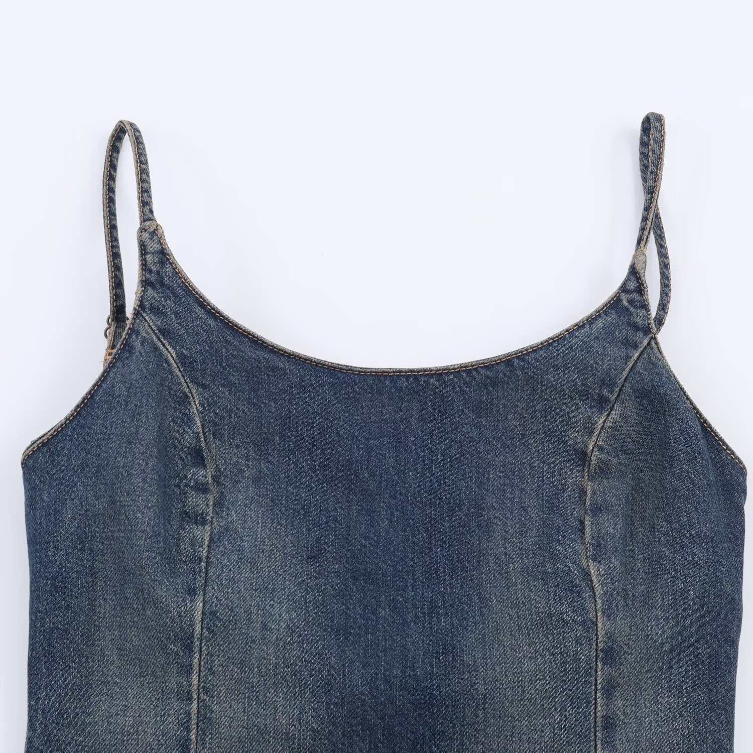 Women's Vintage Washed Denim Cami Dress High Waist Midi