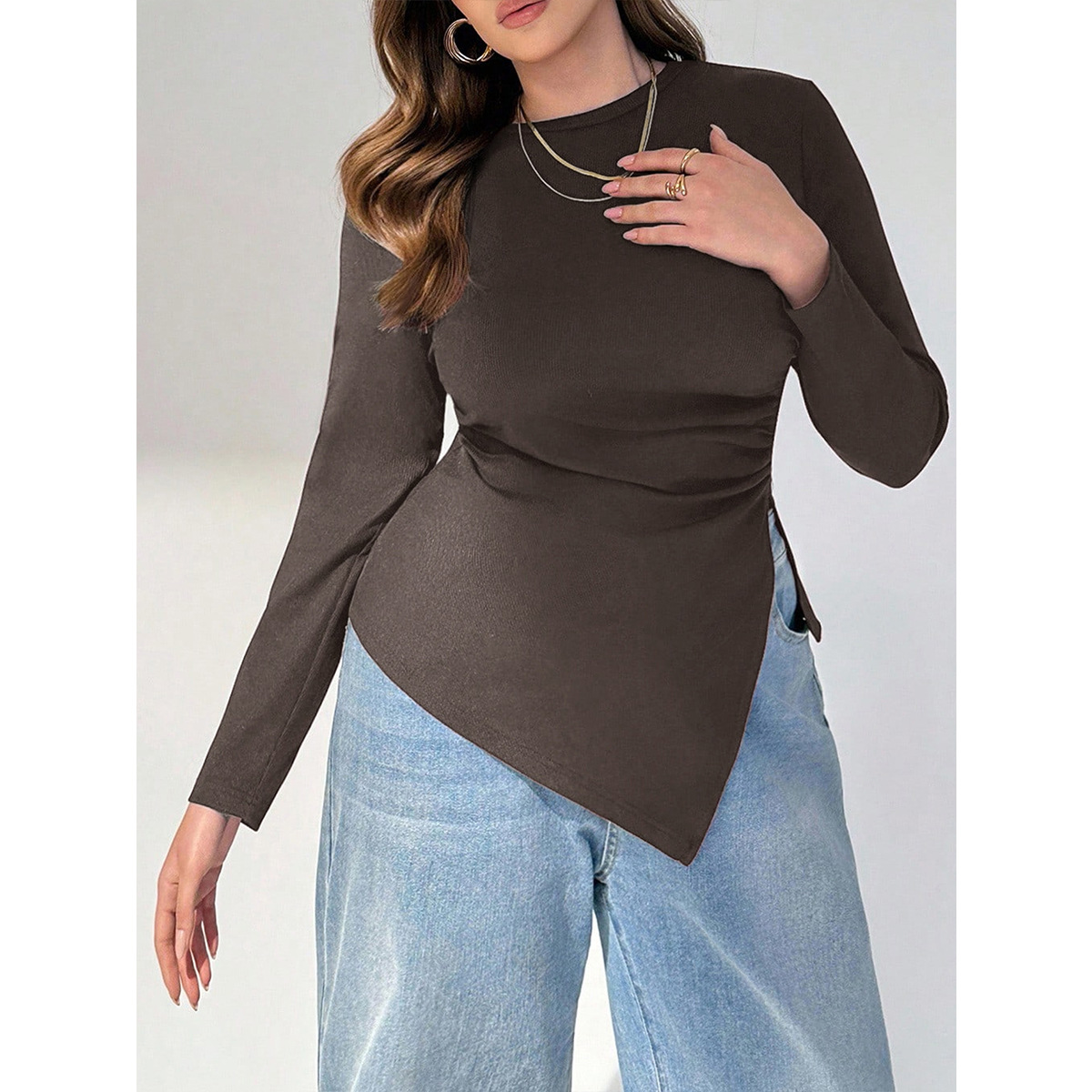 Plus Size Ribbed Long Sleeve Asymmetric Hem Fitted Tee