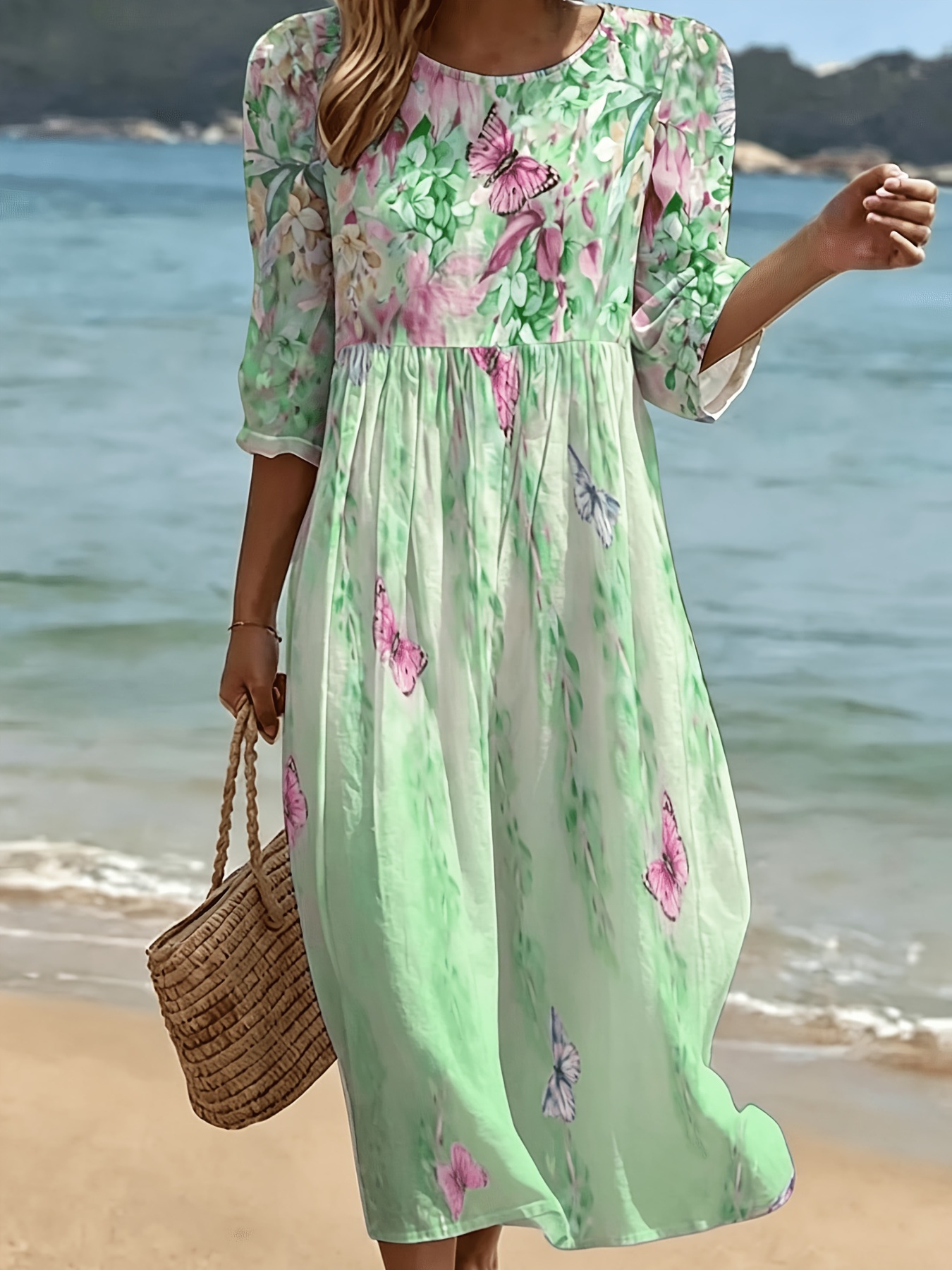 Women's Plaid Color-Block Floral Midi Dress with Pleated Details