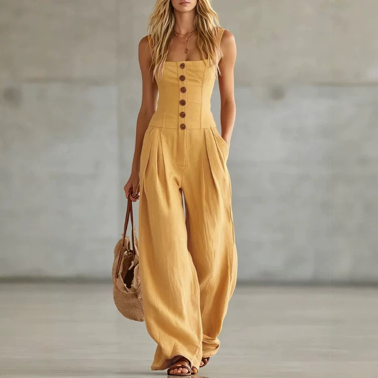 Women's Sleeveless Button-Front Wide-Leg Jumpsuit Solid Color Casual