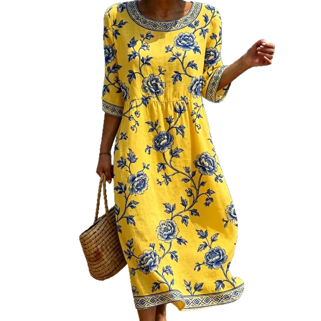 Women's Vintage Floral Print Pleated Midi Dress