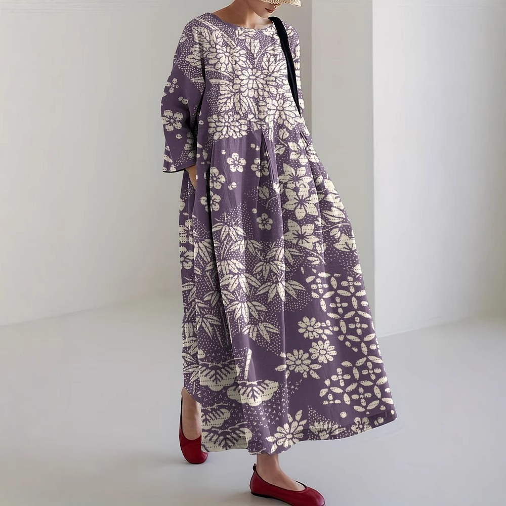 Women's Floral Print Casual A-Line Dress with U-Neck and Short Sleeves